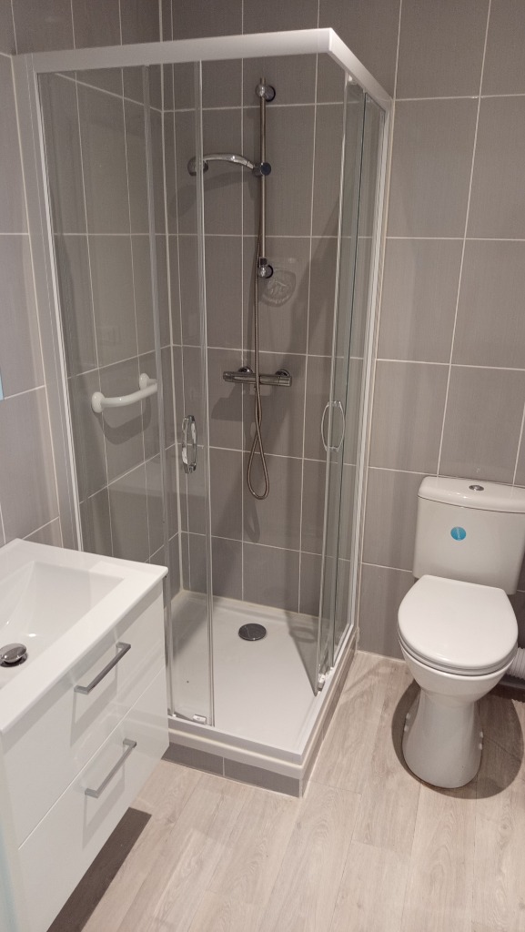 Rénovation complète d'une salle d'eau avec cabine de douche vitrée, meuble sous vasque blanc suspendu et WC par un plombier qualifié à Lyon